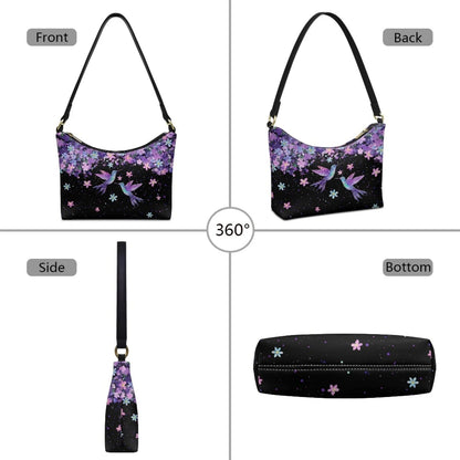 Nice Purple Flowers Birds Print Women's Single Shoulder Bag Fashionable Underarm Design Zip Portable All-Match Mother's Day Gift Good Vibrations