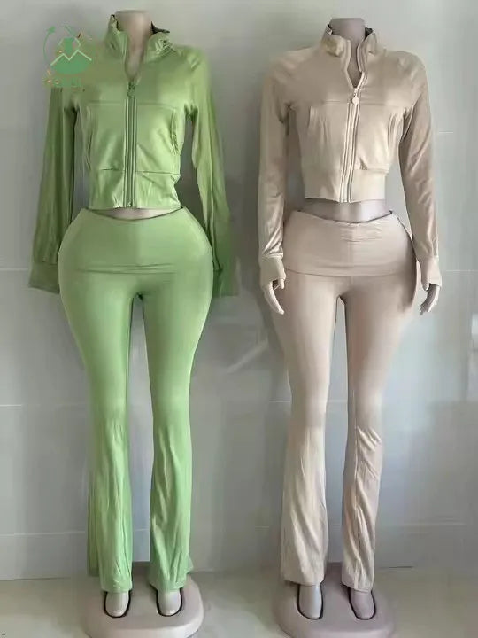 Custom 2 Piece Set Women Outfits Zipper Top and Flare Pants 2 Piece Sets Casual Two Piece Jogger Set Womens Fall Winter Clothing Good Vibrations