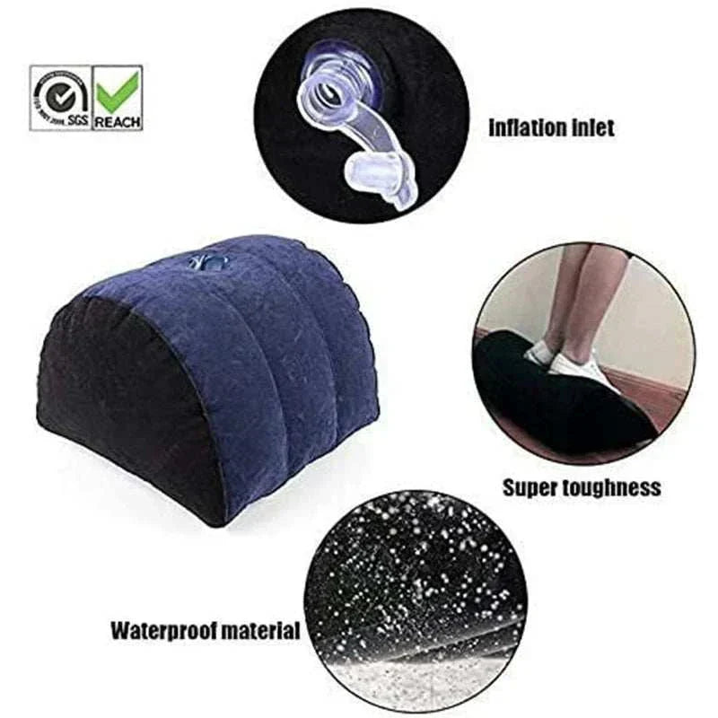 Inflatable erotic wedge cushion with waterproof material and inflation inlet for adult games and positions.