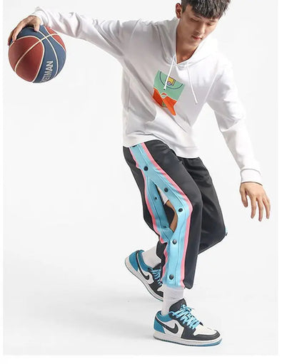 Harajuku Fashion Sports Men Pants Daily Outdoor Basketball Sweatpants Hollow Out Side Stripe Button Fly Design Creative Trousers Good Vibrations