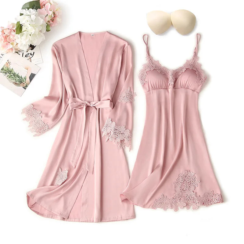 Women Satin Sexy Sets Ladies Nightgown Print Two-pieces Silk Sleepwear Robe+Nightdress Lounge Sets Pijama Good Vibrations