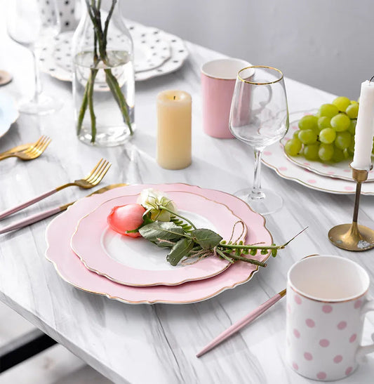 Creative  Ceramic Plate Pink Wave Point Simple Flat Plate Western Steak Plate Girl Heart Set  Irregular Golden Girl Good Vibrations