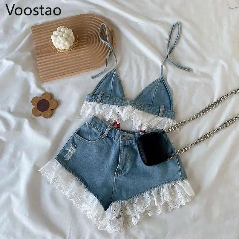 Summer sweet Lolita style denim shorts set with lace bandage camisole and ruffle trim.