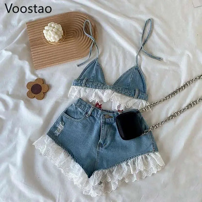 Summer sweet Lolita style denim shorts set with lace bandage camisole and ruffle trim.