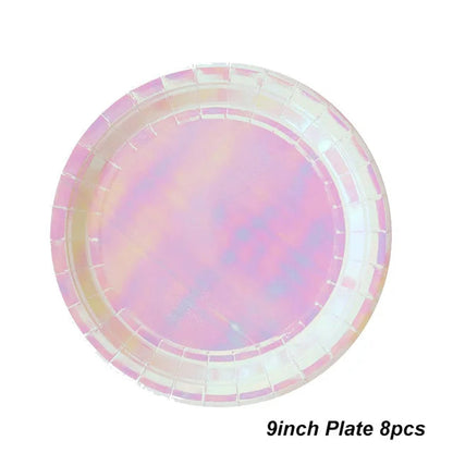 Rose Gold Disposable Tableware sets Paper Plates/cups/straws Iridescent Wedding Birthday Party Decor rainbow Dish Party Supplies Good Vibrations