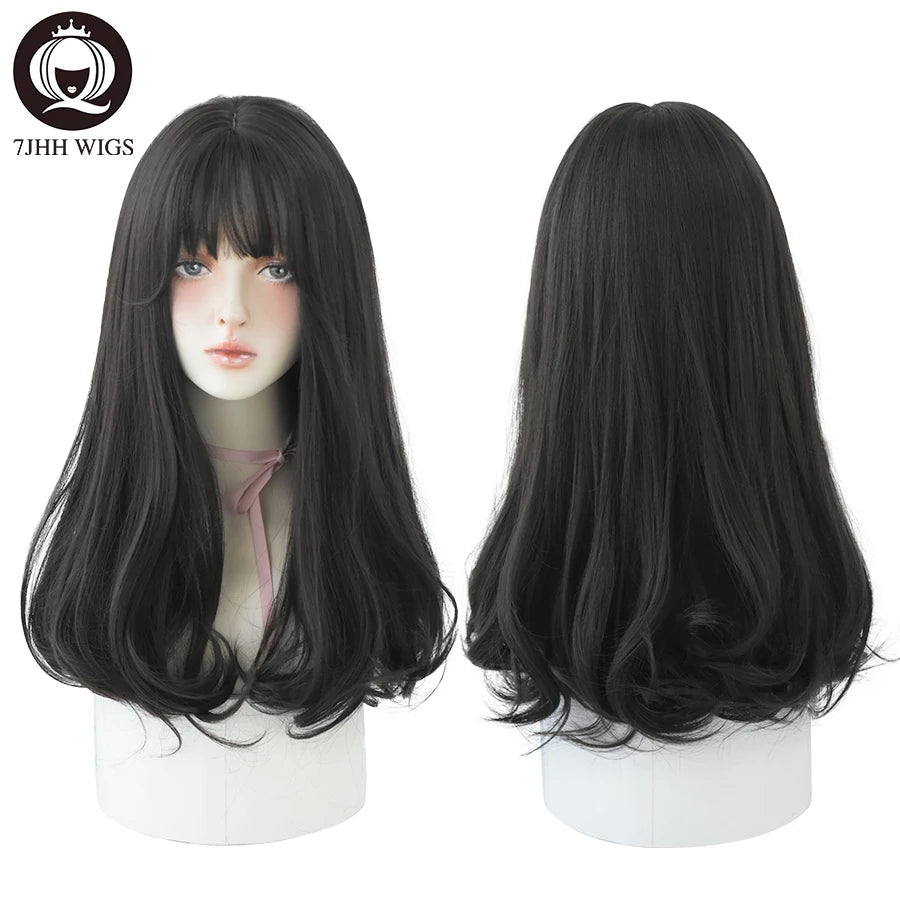 7JHHWIGS Long Wavy Synthetic Black Wigs For Women With Fringe Fashion Heat Resistant Mid-Length Daily Straight Light Brown Hair Good Vibrations