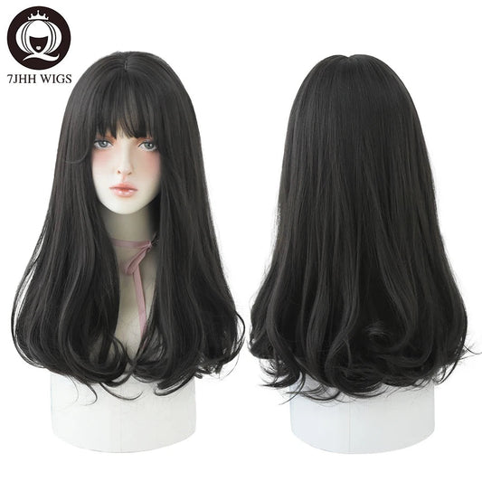 7JHHWIGS Long Wavy Synthetic Black Wigs For Women With Fringe Fashion Heat Resistant Mid-Length Daily Straight Light Brown Hair Good Vibrations