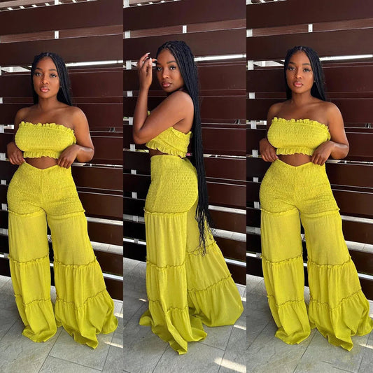 New Arrival Women Set Sexy Bubble Crepe Fabric With Wooden Ear Edge Patchwork Strapless Pants Two-piece Set Good Vibrations