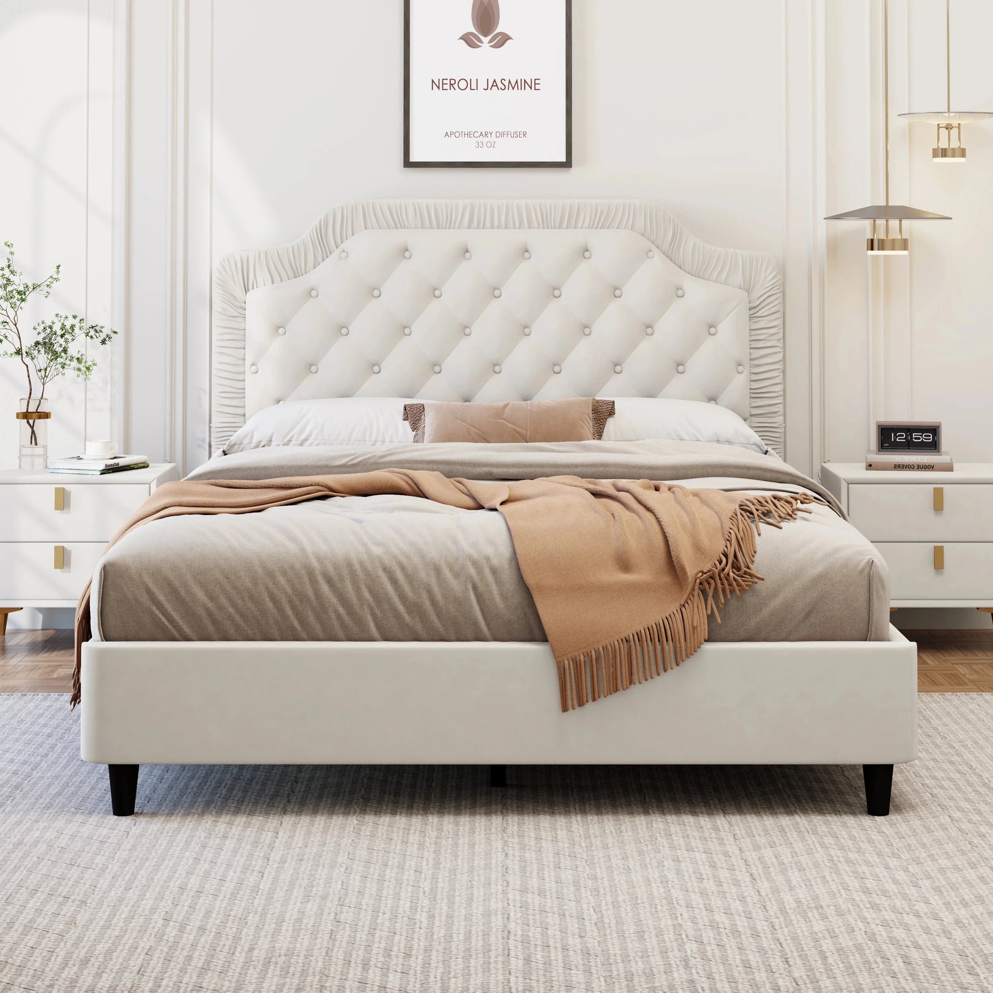King Size Upholstered Bed With Ruched and Button Tufted Headboard No Box Spring Needed in White Color Good Vibrations