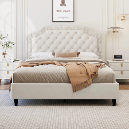King Size Upholstered Bed With Ruched and Button Tufted Headboard No Box Spring Needed in White Color Good Vibrations