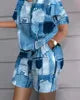 Summer Fashion Casual Printed Short Sleeve Shirt High Waist Shorts 2 Piece Women Outfits Set Suits Good Vibrations
