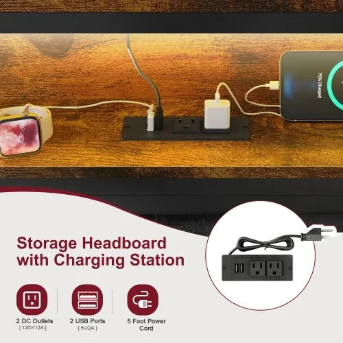 Full Size Metal Platform Bed Frame with Adjustable Upholstered Headboard, Charging Station, LED Lights, Noiseless Good Vibrations