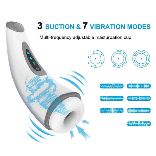 Automatic vagina sucking male masturbator with adjustable suction and vibration modes.