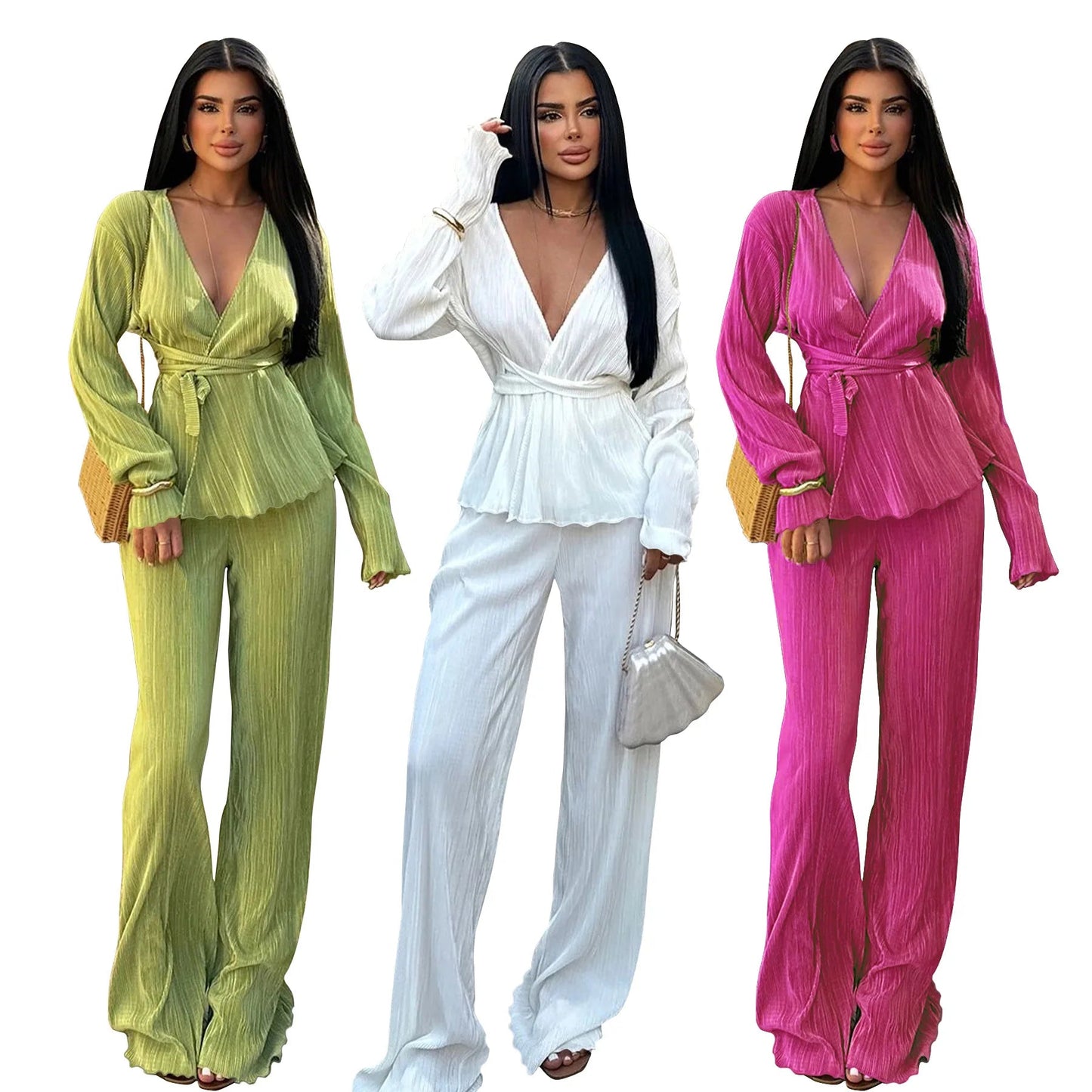 K10781 Factory Wholesale Women's Clothing V-neck Long Sleeve Cardigan Autumn and Winter Leisure Two-Piece Set Good Vibrations