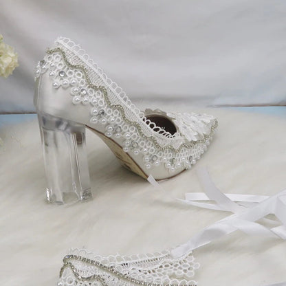 BaoYaFang New Arrival Thick Heel Pointed Toe Womens Wedding Shoes High Heels ladies fashion shoes woman White Lace ankle strap Good Vibrations