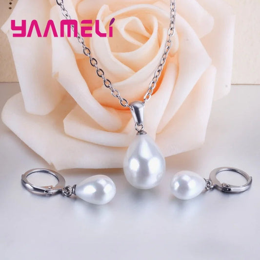 925 Sterling Silver Color Pearl Pendant Necklace Loop Hoop Earrings White Teardrop Women Girls Wedding Party Nice Gifts Good Vibrations Adult Super Store