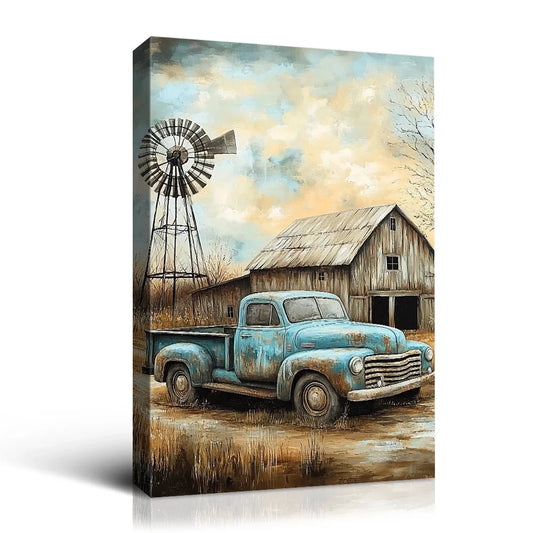 Rustic Country Decor: Windmill, Barn & Vintage Truck Print Canvas Artwork for Home Decor 1.5in Thickness Nature Canvas Print Good Vibrations
