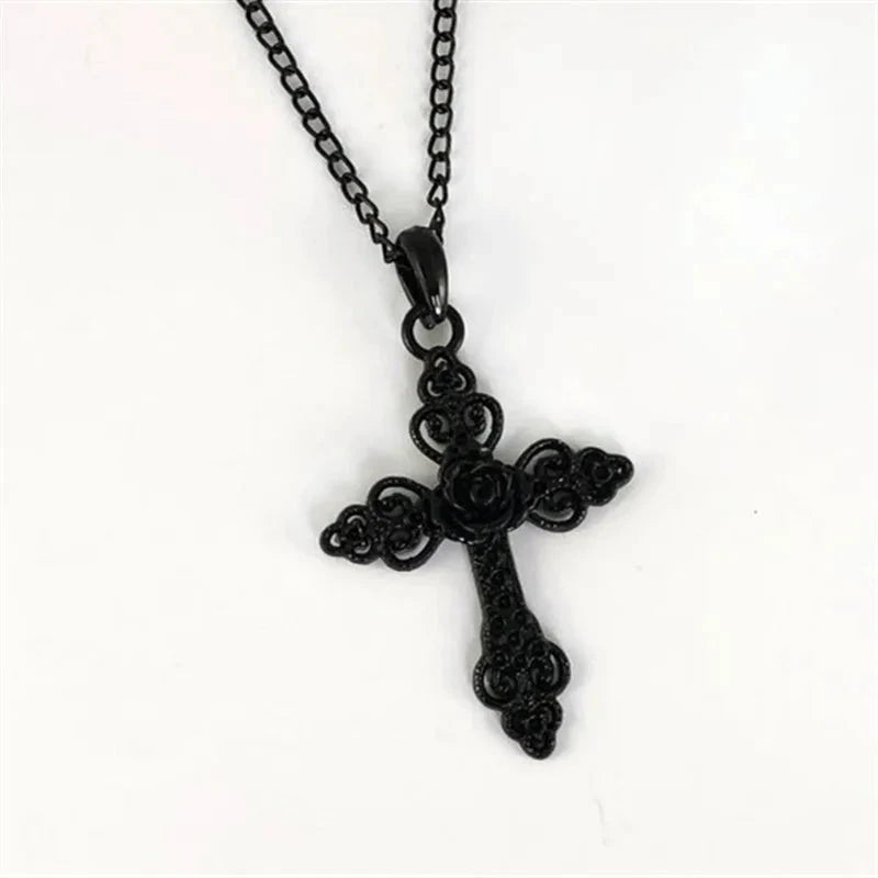 Black Gothic Cross Necklace with Rose Detail Trad Jewelry Ornate Cross Pendant Gift women fashion delicacy 2020 new beautiful Good Vibrations