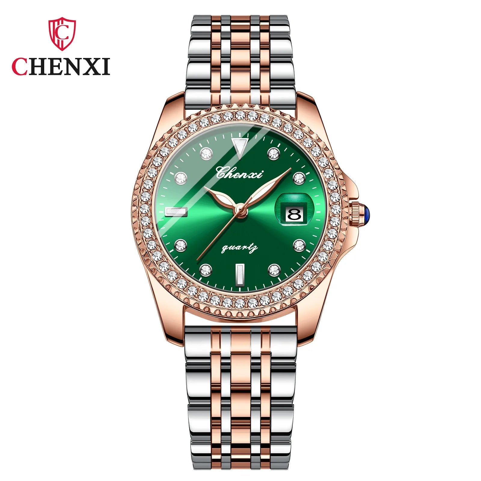CHENXI Women Watch 385 Fashion Luxury Green Rhinestone Dial Stainless Steel Diamond Quartz Watches for Lady Dress Bracelet Gift Good Vibrations