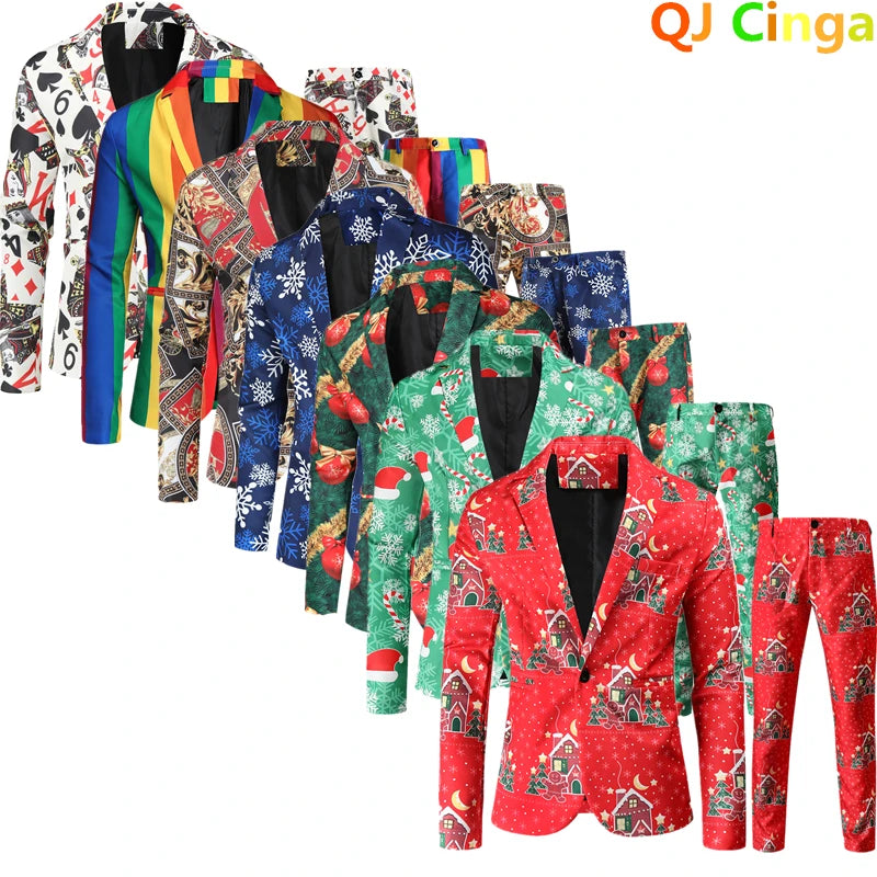 Red Printed Two-piece Men's Christmas Suit (Jacket + Pants) Stylish Male Blazer Coat with Trousers Black Green Blue S-4XL - Good Vibrations