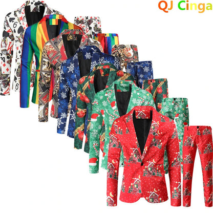 Red Printed Two-piece Men's Christmas Suit (Jacket + Pants) Stylish Male Blazer Coat with Trousers Black Green Blue S-4XL Good Vibrations