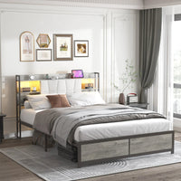 Queen Size Bed Frame with LED Light & Power Outlet, Platform Bed with Upholstered Headboard and Storage Good Vibrations