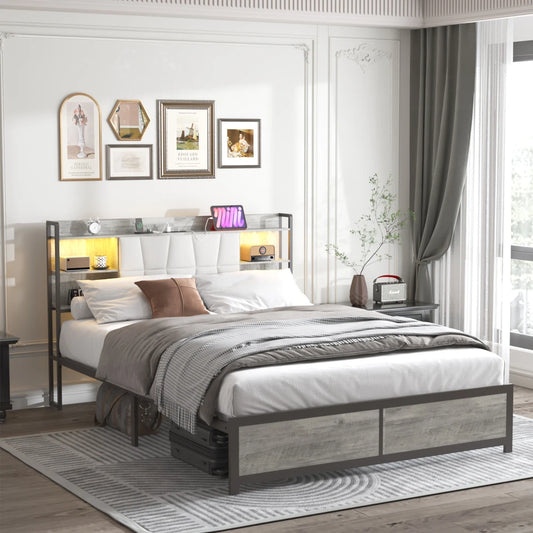 Queen Size Bed Frame with LED Light & Power Outlet, Platform Bed with Upholstered Headboard and Storage Good Vibrations