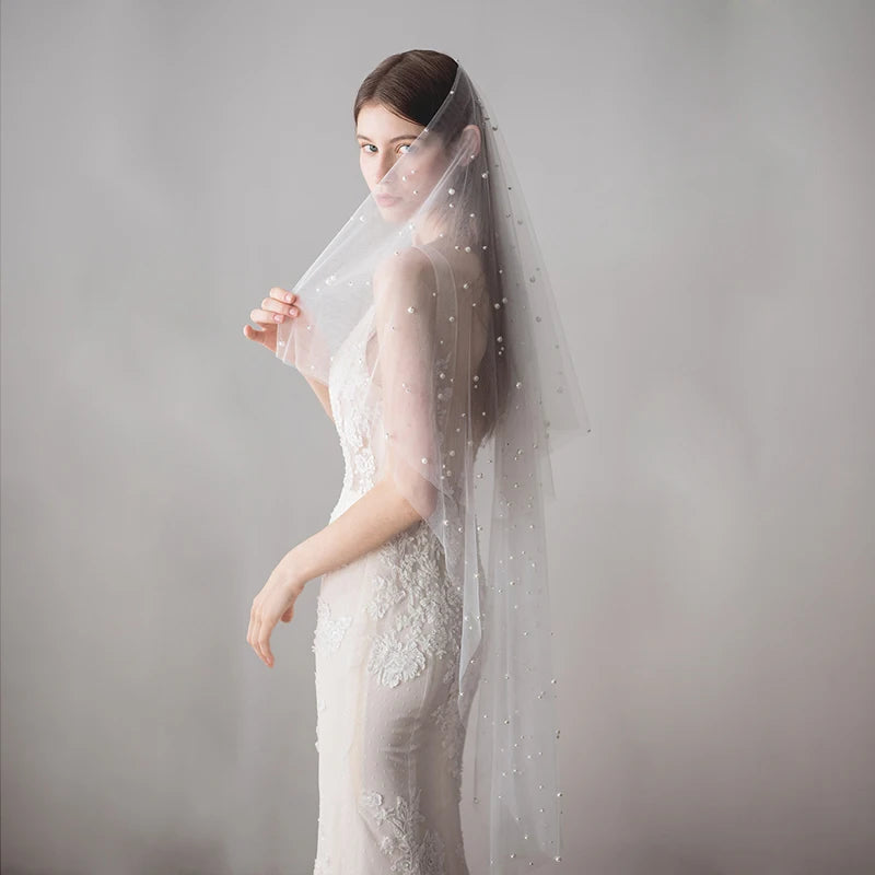 SLBRIDAL Two Layers Wedding Veils With Combs Ivory Pearls Bridal Veils Wedding Accessories for Bride Mariage Women Good Vibrations