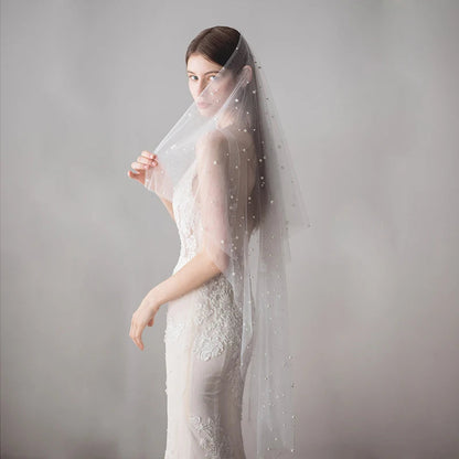 SLBRIDAL Two Layers Wedding Veils With Combs Ivory Pearls Bridal Veils Wedding Accessories for Bride Mariage Women Good Vibrations