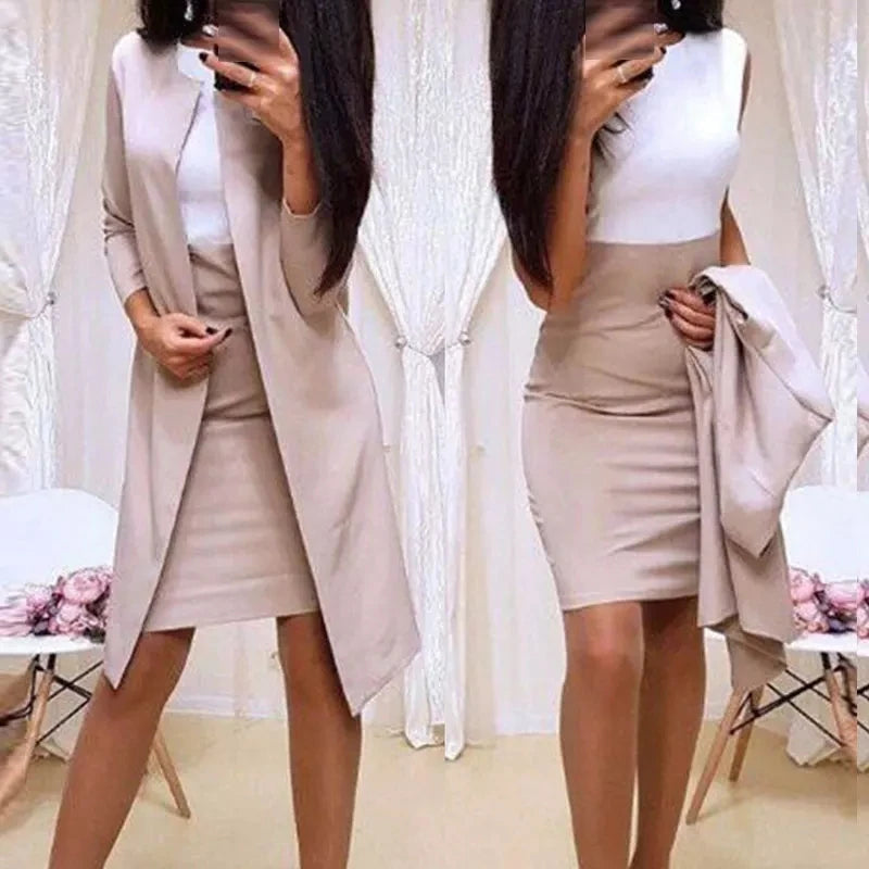 New Sexy Formal Dress Suits Women Long Blazer Jacket+Sheath O-Neck Mini Dress Office Wear 2 Piece Female Sets Women Set Dress Good Vibrations