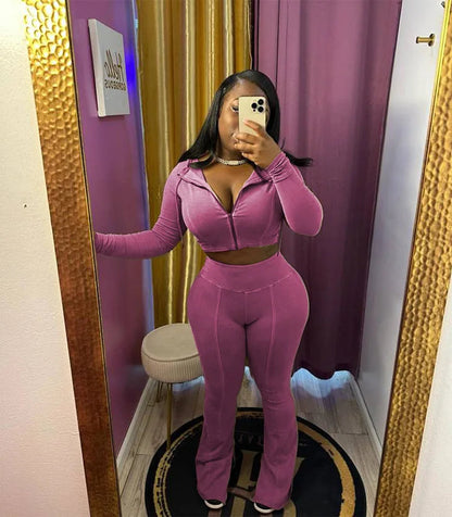 Women's Cotton Acid Wash 2 Piece Sets Hooded Crop Jacket Flare Pants Casual Two Piece Jogger Sweatsuits Sets Women Outfits 2025 Good Vibrations