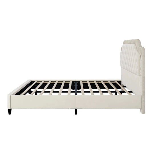 King Size Upholstered Bed With Ruched and Button Tufted Headboard No Box Spring Needed in White Color Good Vibrations