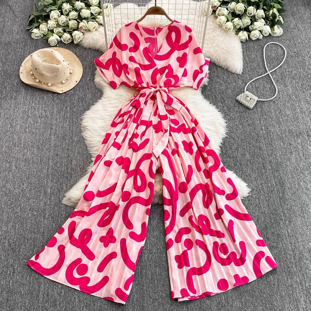 Elegant V-Neck Tunic Slim Jumpsuit For Women High Waist Printed Lace Long Jumpsuit Wholesale Good Vibrations