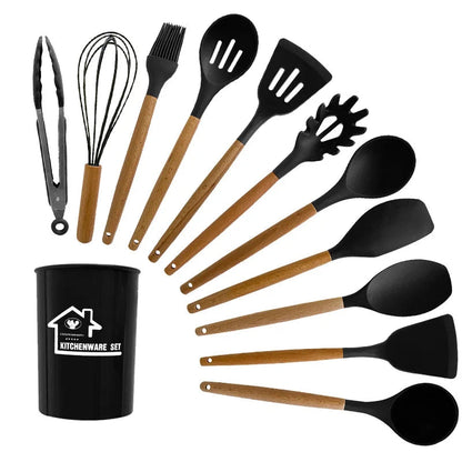 2022 Christmas Gift Food Grade Silicone Cutlery Set Wooden Handle Kitchen Gadgets Kid With Spatula Spoon Spaghetti Server Laddle Good Vibrations