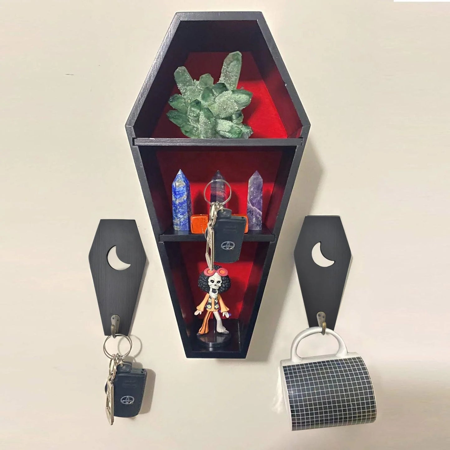 2 PCS Rustic Wall Mounted Coffin Key Holder Spooky Gothic Home Decor Halloween Decor Black Wooden Hanger Hooks for Keys Mugs Good Vibrations