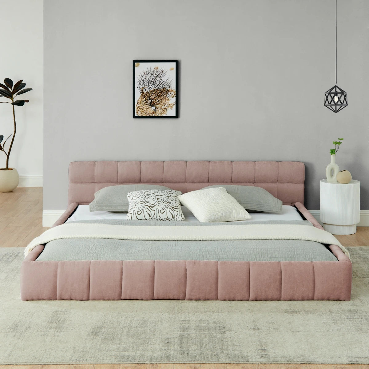 European Modern Style Tufted Queen/King Size Bedframe Low Height Floor Bed Base Wooden Platform Bed Good Vibrations
