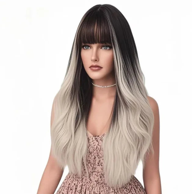 Long Wavy Ombre Cosplay Wig With Bangs Synthetic Fiber Heat Resistant Fashion Gradient Color Party Halloween Costume Women Wig Good Vibrations