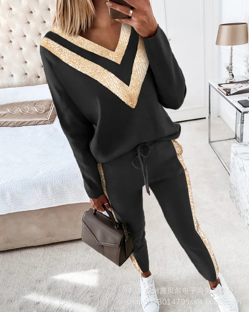 2023 Fashion New Two-piece Set High-necked Long-sleeved Tops Pocket Pants Casual Autumn Winter Sweater Women's Trousers Suit Good Vibrations