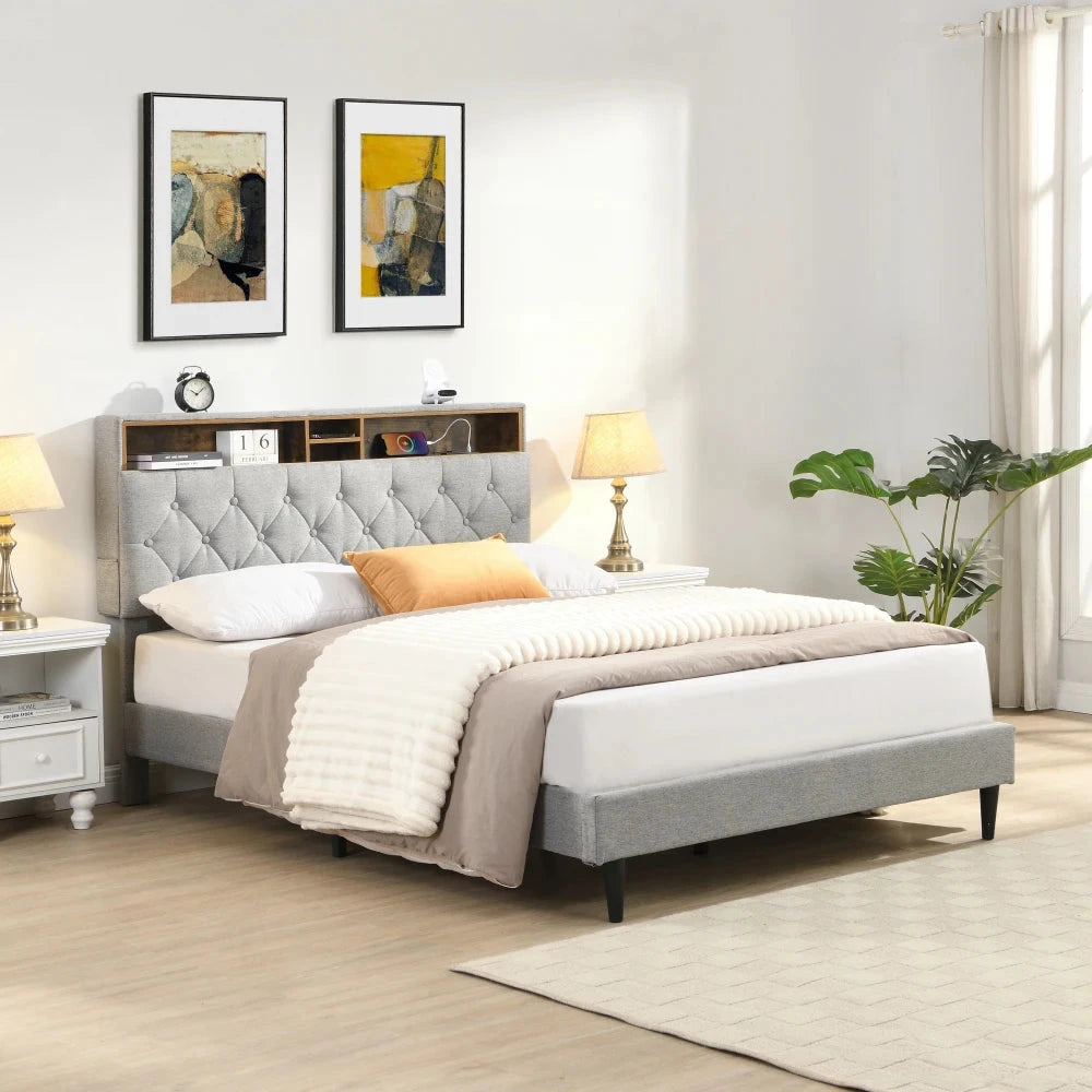 Queen-Size Upholstered Platform Bed Frame with a Modern Button-Tufted Linen Fabric Headboard,USB Ports Good Vibrations