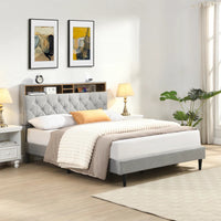 Queen-Size Upholstered Platform Bed Frame with a Modern Button-Tufted Linen Fabric Headboard,USB Ports Good Vibrations