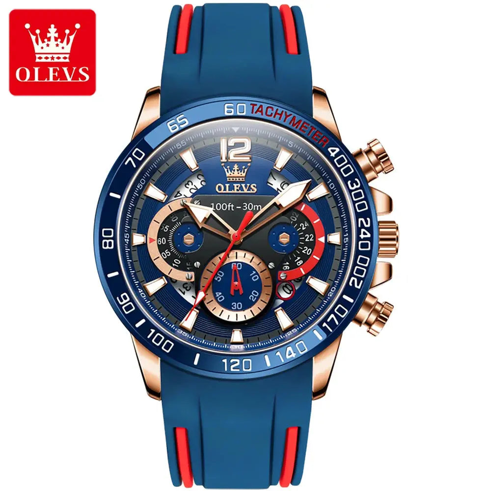 OLEVS 9936 New Silicone Blue Strap Multi-function Men Wristwatch Waterproof Quartz Sport Watch for Men Luminous Calendar Logo Good Vibrations