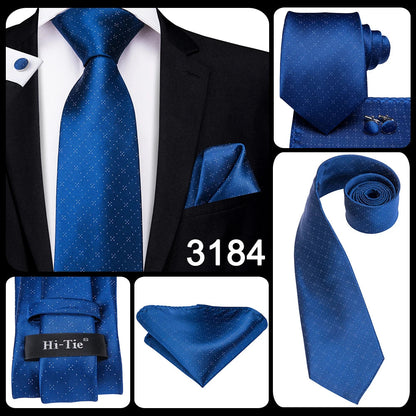 Hi-Tie Navy Blue Solid Paisley Silk Wedding Tie For Men Hanky Cufflink Mens Necktie Set Business Party New Design Dropshipping Good Vibrations