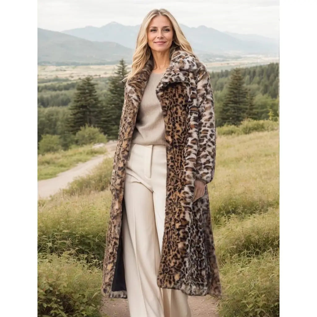 Women's Sexy Mink Faux Fur Overcoat with Long Cheetah Print Thicken Pocketed Dressy Jacket for Banquets and Outings Good Vibrations