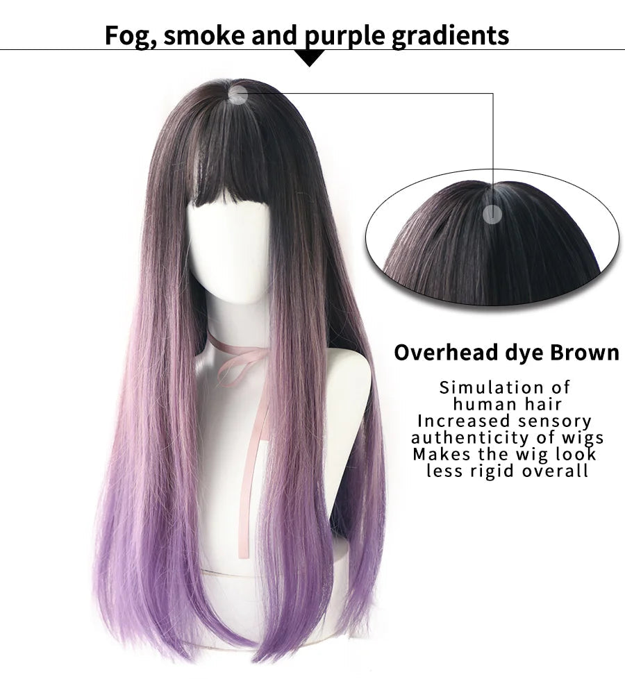 7JHHWIGS Long Wavy Synthetic Black Wigs For Women With Fringe Fashion Heat Resistant Mid-Length Daily Straight Light Brown Hair Good Vibrations