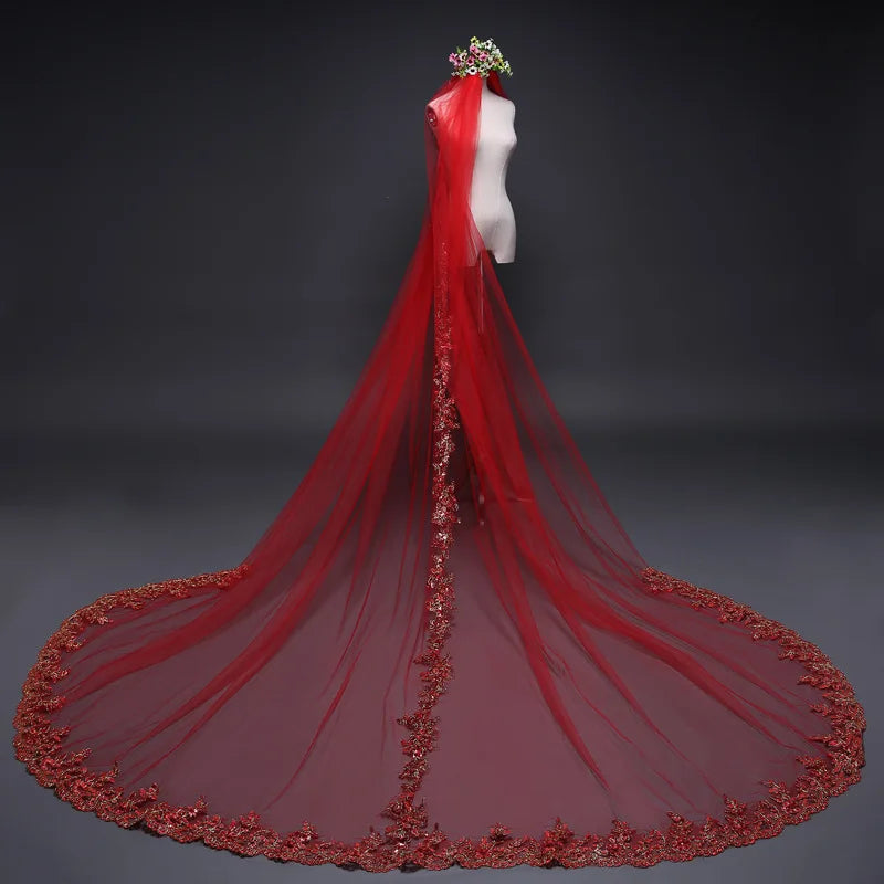 New Arrival Red Bridal Veils Long 3M Cathedral Wedding Veils One -Layer Gold Sequins Lace Applique Bridal Veil With Comb Good Vibrations