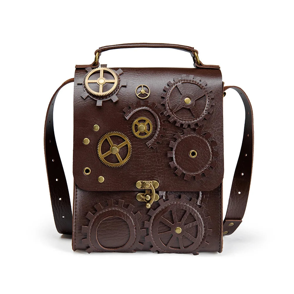 Vintage Single Shoulder Hip Hop Rock Shoulder Bag Luxury Design Brown PU Leather Men Women Steampunk Gothic Square Handbag Good Vibrations
