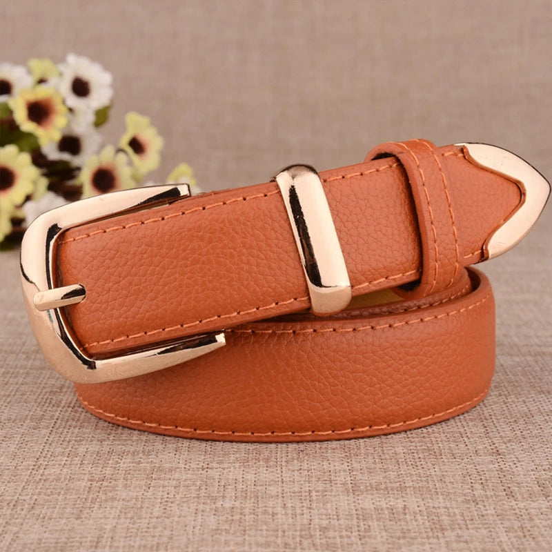 Fashion Women Leather Belts High Quality Gold Buckle Best Matching Dress Jeans Belts for Lady LB2146 Good Vibrations