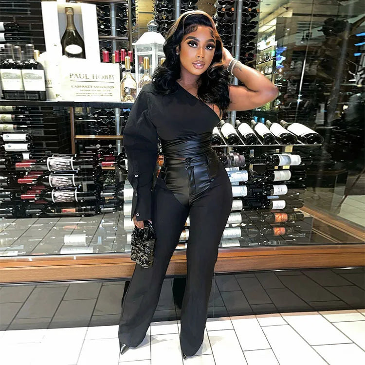 Street Fashion Motorcycle Style One Shoulder Shirt and Leather Pants Two Piece Set Sexy Club Women Outfits Good Vibrations