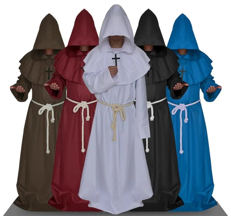 Medieval Monk Halloween Costumes Comic Con Party Cosplay Costume Hooded Robes Cloak Cape Friar Renaissance Priest for Men Good Vibrations