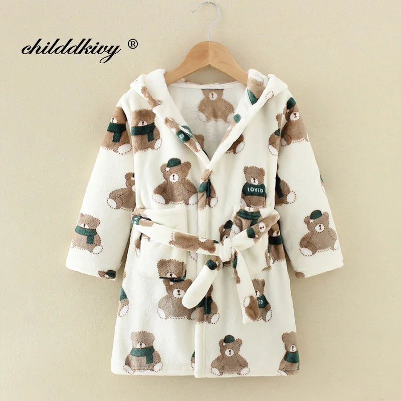 Boy and Girls Flannel Pajamas Robe Autumn and Winter Children Sleepwear Soft Hooded Kids Homewear 2-8 Years Good Vibrations